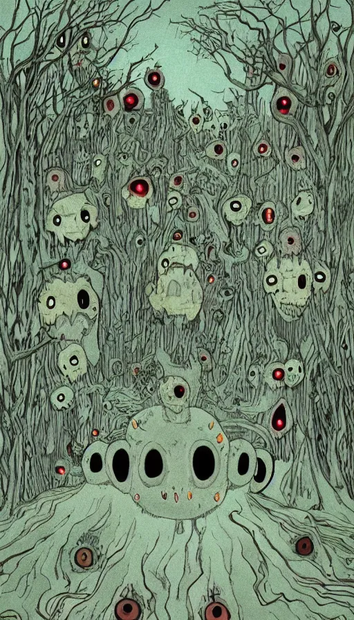 Image similar to a storm vortex made of many demonic eyes and teeth over a forest, by wes anderson,