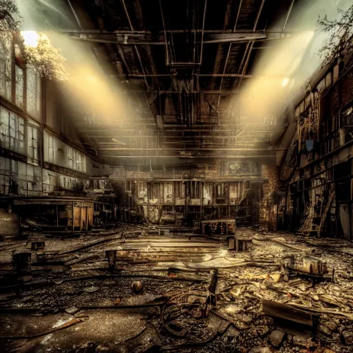 Image similar to abandoned steampunk factory with a synthesizer , cinematic light,