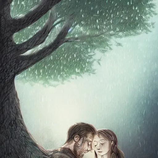 Image similar to portrait of a couple sleeping under a large tree, heavy rain, high fantasy, travellers, dense forest, digital illustration, illustration, artstatiin, somber, muted colors, intricate, artstyle by artgerm