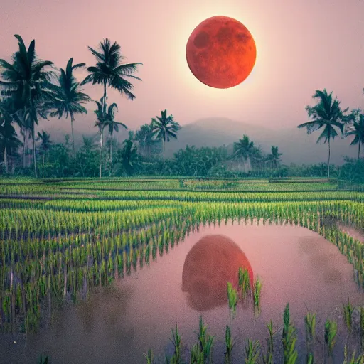 Prompt: A large blood moon rising over a rice paddy in Bali, concept art, matte painting, trending artstation, octane render, plague, apocalyptic 8k