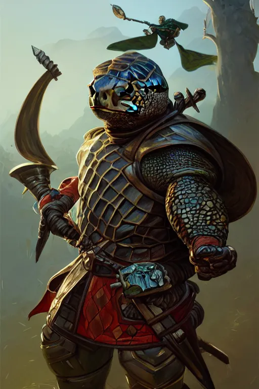 Image similar to portrait of a Turtle fighter looking at camera, D&D, shield and iron war hammer, stylish armor, fantasy, extremely detailed, digital painting, artstation, concept art, smooth, sharp focus, illustration, stunning lighting, art by artgerm and greg rutkowski and alphonse mucha and simon stalenhag