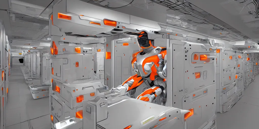 Image similar to parallax datacenter server room white - orange robocowboy in artstation