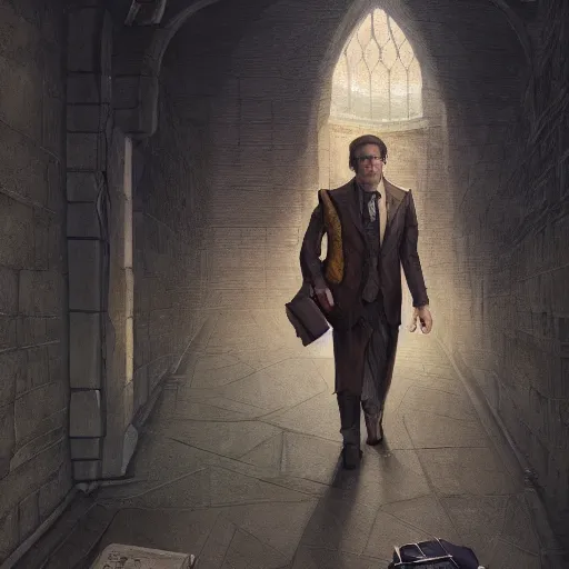 Image similar to My Favorite Portrait of a lawyer genius academician wearing a grimoire in his holding hand whilst wearing a vest of scholarship Greg Rutkowski Marc Simonetti Anato finnstark Brooklyn New York Hidden Stairway Hidden Alcove Visible Alleyway 4k Artstation Background Wallpaper 1080p