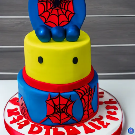 Prompt: a funny picture of a spiderman themed birthday cake, goofy face, 8 k, 4 k, delicious