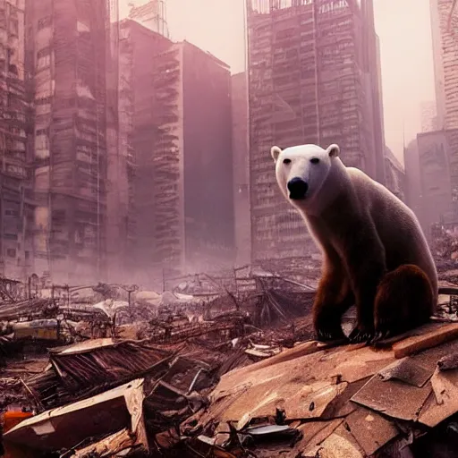 Prompt: pulitzer time magazine cover photo of a sad polarbear in a junglepunk setting. intricate eyes, duckface instagram pose. extremely detailed, junglepunk dystopian city rubble and smoke in the background. trending on artstation, octane render, 8 k