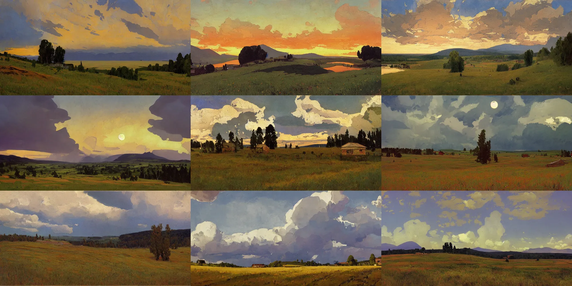 Prompt: painting in the style of Isaac Levitan, Savrasov, arkhip kuindzhi, T Allen Lawson and Ian Fisher and sidney richard percy, wide river and tiny house on the top of the hill, dream heavenly cloudy sky, horzon, hurricane stromy clouds, Alpes, small village, forests and low mountains at sunset sunrise, volumetric lighting, very beautiful scenery, pastel colors, ultra view angle view