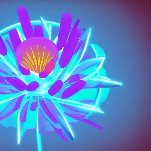 Image similar to glowing flower blooming at twilight, glow, wide-angle lens,, glowing neon, unreal engine, cinema 4d, cryengine