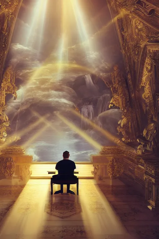 Prompt: Mac Miller playing the piano in the middle of a marble palace in Heaven, Wearing a Golden Halo, RIP, Heavenly, Divinity, waterfalls, beams of golden light, Hope, Ethereal, Symmetry, environment concept, Atmospheric Lighting, artstation trending, ladders, angelic, Rendered in Octane, cinematic, intricate details, 4k detail post processing, hyperrealistic, ultra detailed cinematic, by Rembrandt