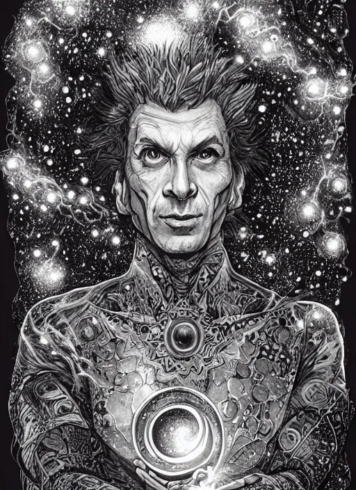 Image similar to high intricate ink drawing of the sandman holding a glimmering galaxy, full shot, neil gaiman, maria panfilova, andrea savchenko, mike kime, ludovic plouffe, qi sheng luo, oliver cook, julian calle, eddie mendoza, trending on artstation