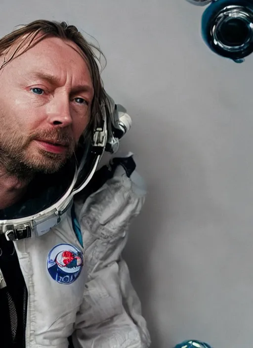 Image similar to calm thom yorke singer songwriter frontman, in spacesuit filling up with water, ultrafine detail, hyper realistic face, beautiful blue eyes, black spherical pupils, eyes reflecting into eyes reflecting into infinity, eyes reflecting into eyes reflecting into infinity