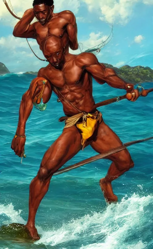 Image similar to character concept of a singular Jamaican fisherman posing in a battle stance in the Jamaican sea, colors of Jamaica, full-body character concept, cinematic, by Ross Tran and Artgerm and Peter Mohrbacher