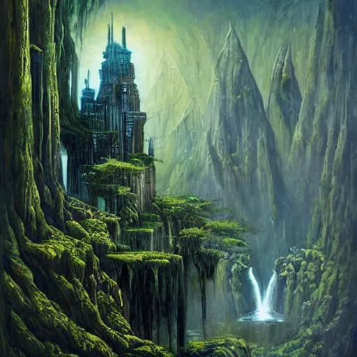 Prompt: side tower on dark evil malachite stronghold, brutal architecture with black waterfall, towering under outer world forrest, rivers and lakes, art by Dmitry Dubinsky, masterpiece