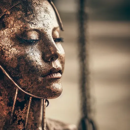 Image similar to a woman made out of metal who's rusting on her arms, 5 0 mm lens, f 1. 4, sharp focus, ethereal, emotionally evoking, head in focus, volumetric lighting, blur dreamy outdoor,