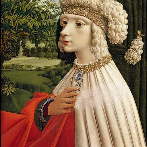 Image similar to portrait of a white poodle as an italian queen, painting by botticelli, 1 4 0 0