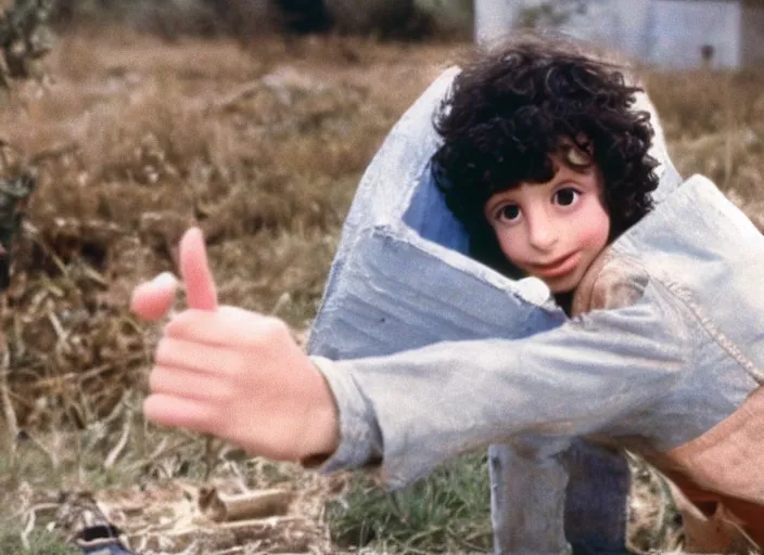 Image similar to film still of Finn Wolfhard as Elliot in ET 1982 with ET