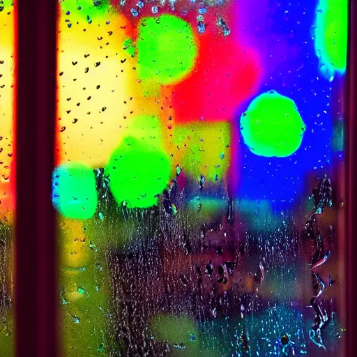 Prompt: close up through steamy window highschool kids making out in a car at night, raining!!! steamy windows!!, colorful!!, nighttime!!