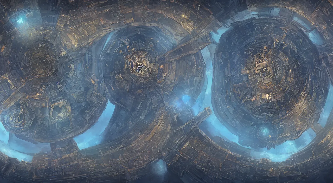 Prompt: beautiful digital painting of sigil, the city of doors, located atop the spire in the outlands. it has the shape of a torus, and the city itself is located on the inner surface of the ring. there is no sky, simply an all - pervasive light that waxes and wanes to create day and night.