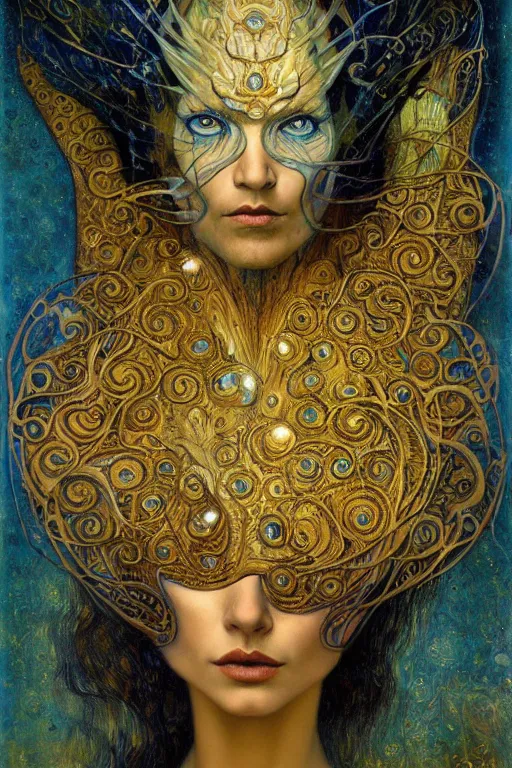 Image similar to Metamorphosis by Karol Bak, Jean Deville, Gustav Klimt, and Vincent Van Gogh, transformation portrait, visionary, otherworldly, fractal structures, ornate gilded medieval icon, third eye, dynamic, spirals