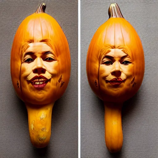 Image similar to a [ gourd ] carved shaped to look like ( amber heard face ) hybrid intercross