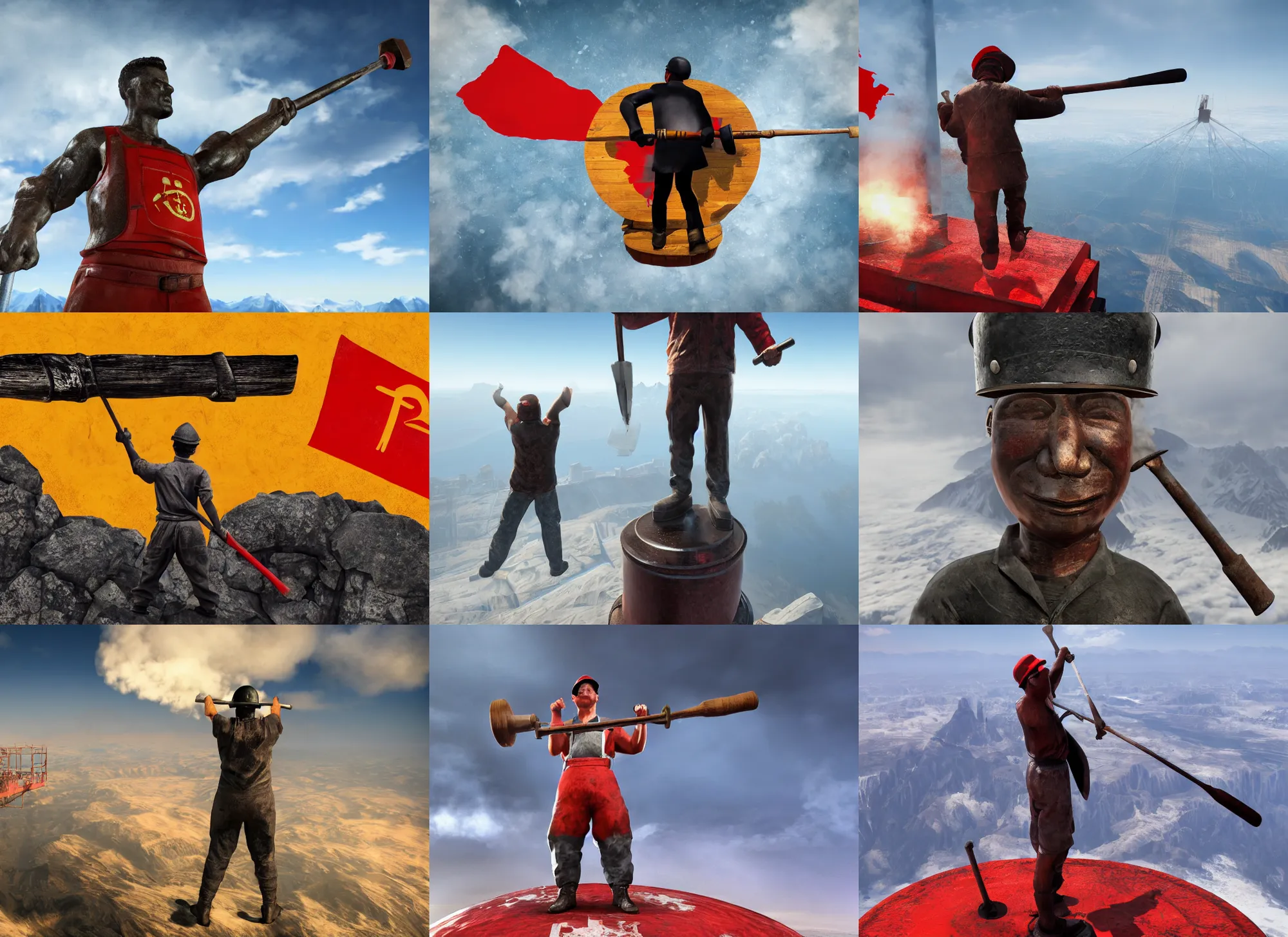 Prompt: strong oiled worker with hammer and sickle on the top of the world, steam, high quality, realistic, 8 k