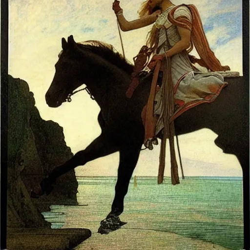 Image similar to Magician riding a horse leaving the castle through the bridge, thunderstorm, beach ocean on the background major arcana sky, by paul delaroche, alphonse mucha and arnold böcklin arnold böcklin hyperrealistic 8k, very detailed