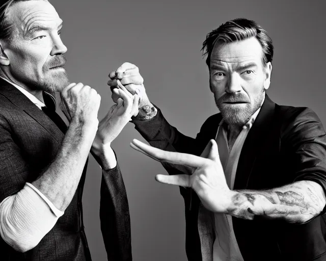 Image similar to Bryan Cranston fighting Ewan McGregor, HD photoshoot, professional lighting