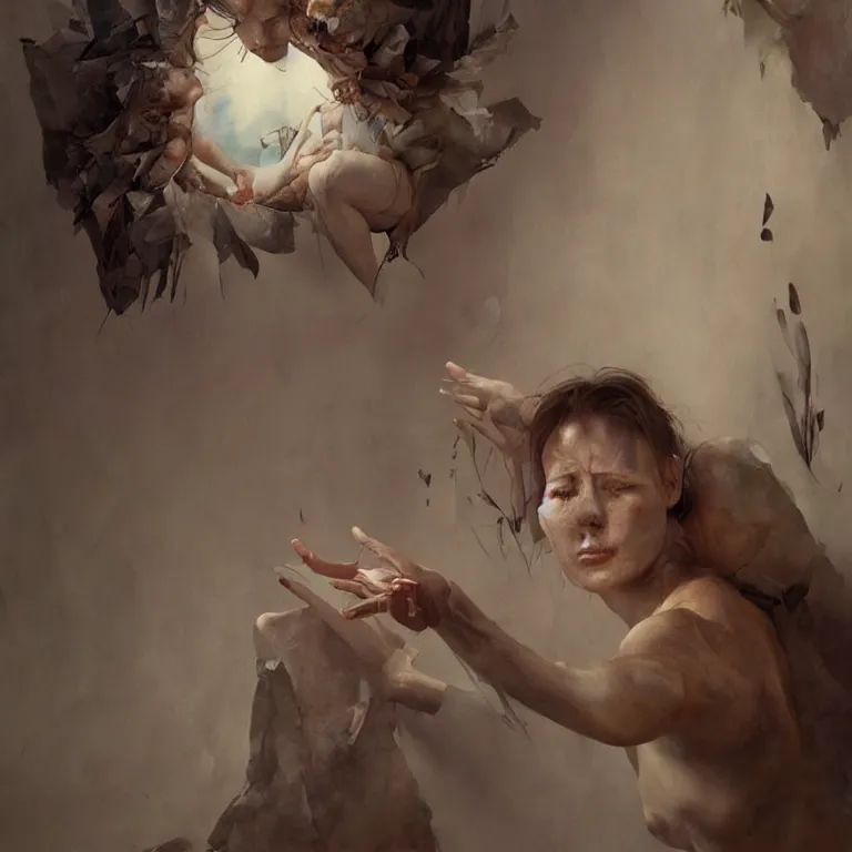 Image similar to ange watching mirrorl, 3 d render, esao andrews, jenny saville, surrealism, greg rutkowski