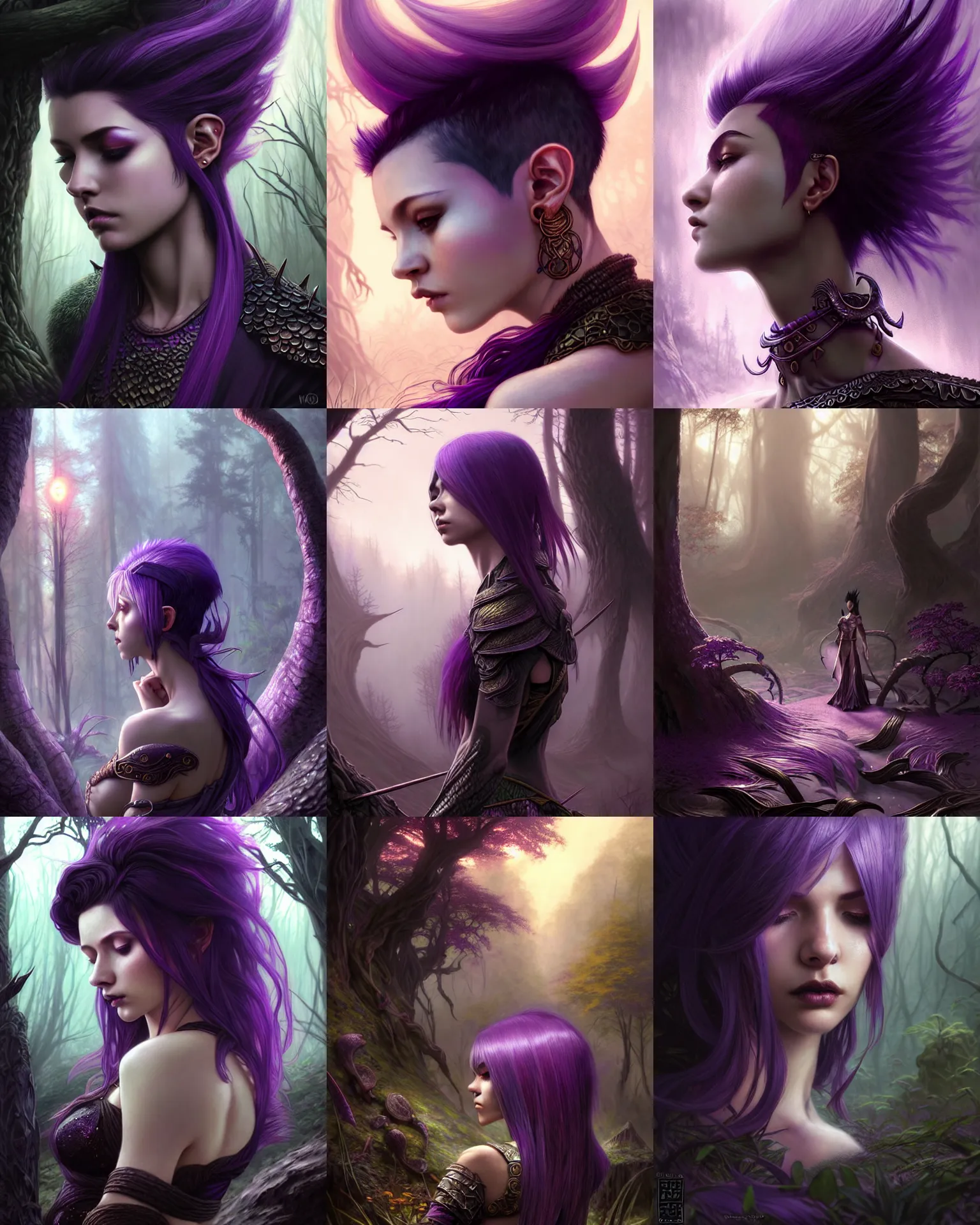 Prompt: Morrowind, fantasy forest landscape, dragon scales in hair, fantasy magic, undercut hairstyle, short purple black fade hair, dark light night, intricate, elegant, sharp focus, illustration, highly detailed, digital painting, concept art, matte, art by WLOP and Artgerm and Greg Rutkowski and Alphonse Mucha, masterpiece