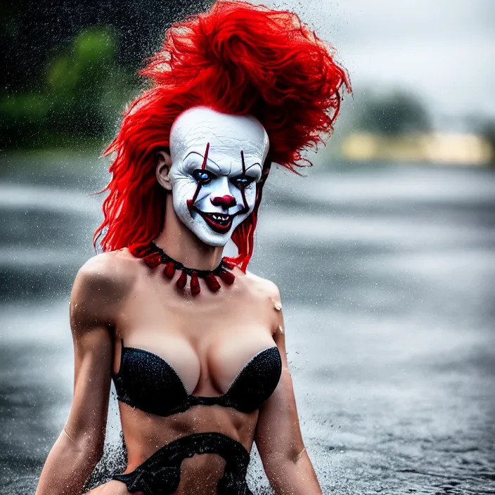 Image similar to fully body pose, photo of a very beautiful!! victoria secret model, pennywise, wet hair, raining, 8 k, hdr, smooth, sharp focus, high resolution, award - winning photo, trending on artstation, dslr, 5 0 mm