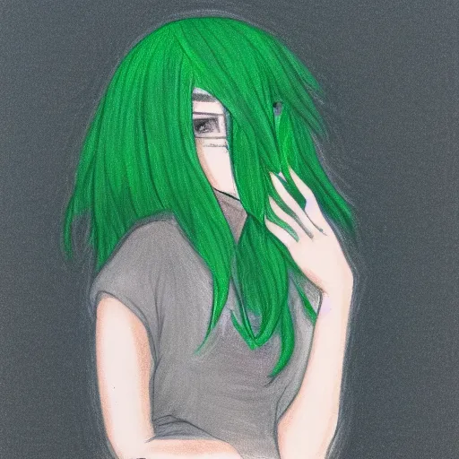 Image similar to drawing of my dream girl, green hair, short, cute