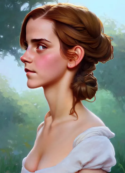 Image similar to cute buxom emma watson milkmaid, natural lighting, path traced, highly detailed, high quality, digital painting, by don bluth and ross tran and studio ghibli and alphonse mucha, artgerm