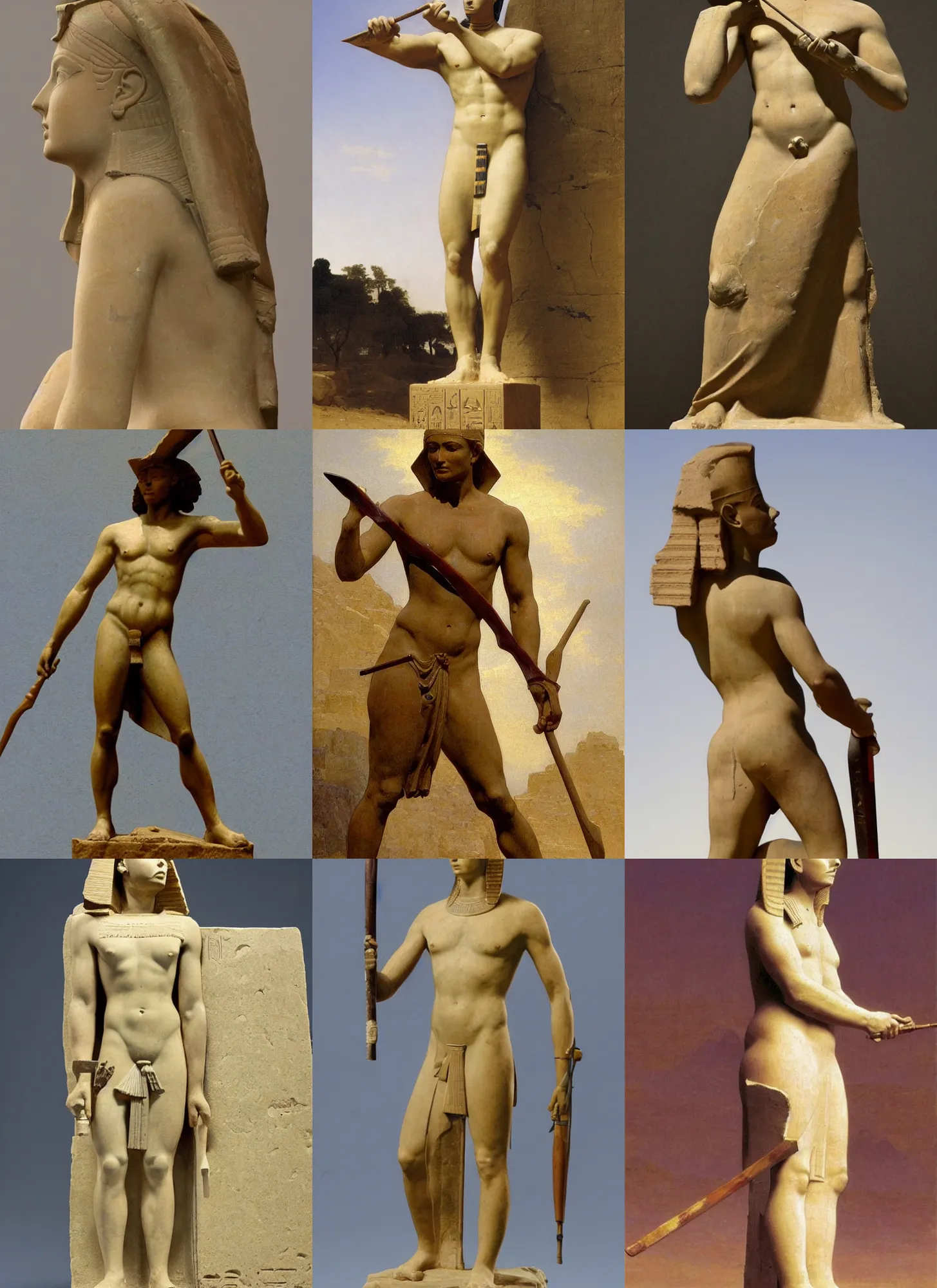 Prompt: statue sandstone ancient egyptian soldier with spear, bouguereau