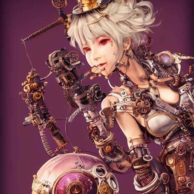 Image similar to the portrait of true neutral semi - colorful female steampunk cyborg mechanist as absurdly beautiful, gorgeous, elegant, young gravure idol, an ultrafine hyperdetailed illustration by kim jung gi, irakli nadar, intricate linework, bright colors, octopath traveler, final fantasy, unreal engine 5 highly rendered, global illumination, radiant light, detailed and intricate environment