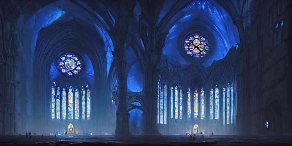 Prompt: exterior of a giant cathedral made of blue stone and colorful rose window in the middle of a dark abyss. in style of greg rutkowski and hyung - tae kim, trending on artstation, dark fantasy, great composition, concept art, highly detailed, dynamic pose, vibrant colours, epic, 8 k.
