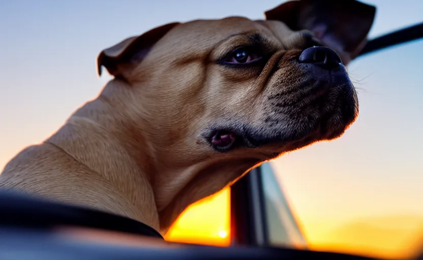 Image similar to a dog is looking out of a driving car window at sunset