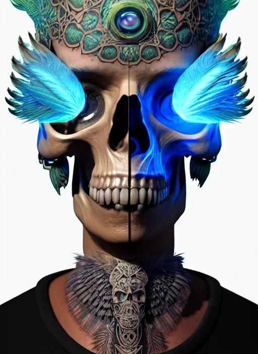 Image similar to 3 d shaman with tattoos profile portrait, sigma 5 0 0 mm f / 5. beautiful intricate highly detailed quetzalcoatl skull and feathers. bioluminescent, plasma, lava, ice, water, wind, creature, thunderstorm! artwork by tooth wu and wlop and beeple and greg rutkowski, 8 k trending on artstation,