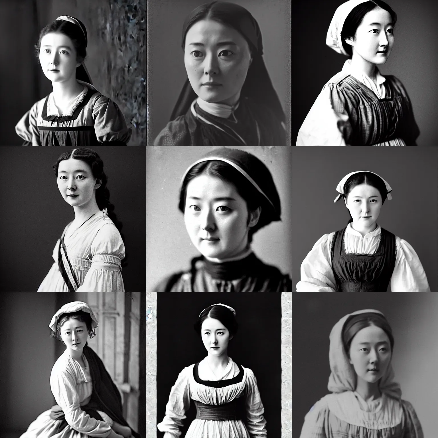 Prompt: young, optimistic, eastern european, 19th century maidservant looks similar to Lee Young Ae, cinematic lighting, highly detailed, black-and-white, realistic, antique photography