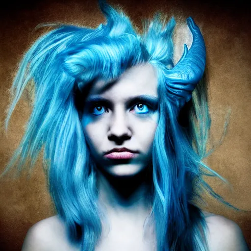 Prompt: portrait of young girl half dragon half human , dragon skin, dragon eyes, dragon crown, blue hair, long hair, David Lynch