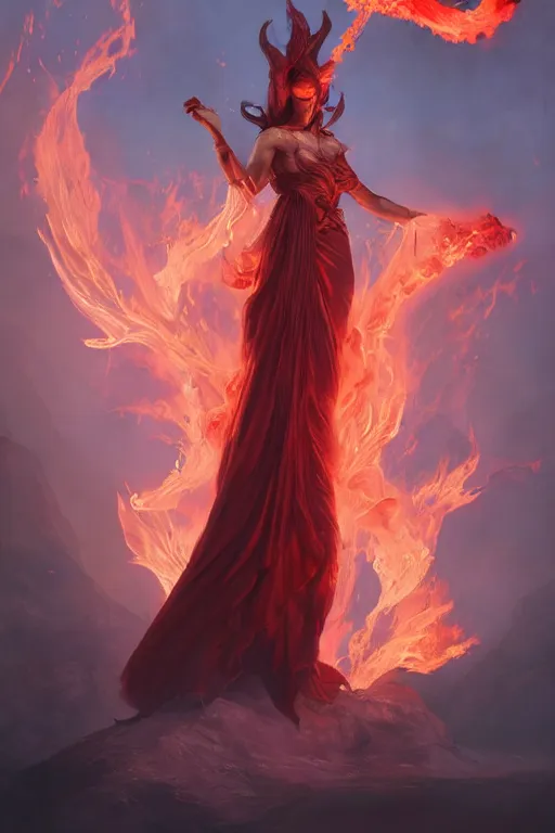 Prompt: fantasy character art by laura zalenga and alexander holllow fedosav, eldritch volcanic fire goddess clothed in a flaming gown, volcanic embers, magma, diffused lighting, by greg rutkowski, by peter mohrbacher, by brom, hyperrealism, detailed face, 8 k dop dof hdr