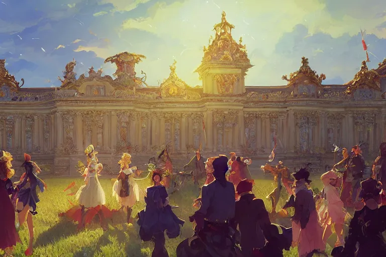 Image similar to an ornate baroque palace, party in front, scene in an open field. key visual, conceptart, ambient lighting, highly detailed, digital painting, artstation, concept art, sharp focus, by makoto shinkai and akihiko yoshida and greg manchess