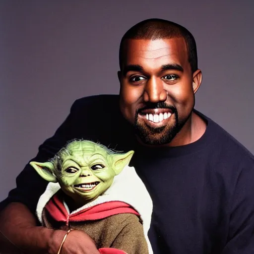 Image similar to kanye west smiling and holding yoda for a 1 9 9 0 s sitcom tv show, studio photograph, portrait