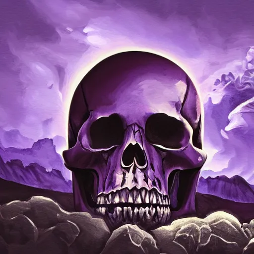 Image similar to a giant, stunning belt with a skull on it, huge mountain, purple sky, hyper - detailed digital painting