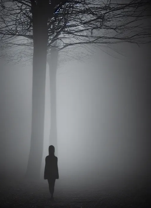 Prompt: a dark female silhouette, glowing aura, fog, film grain