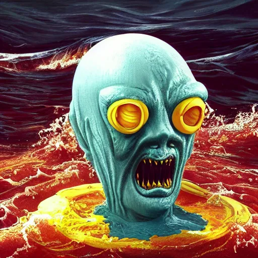 Prompt: the ghastly amorphous radioactive toxic and mutated plastic monster with the face of humanity rising out of a plastic soup in the ocean, cgsociety, high detailed, photo of the year 2 0 2 2