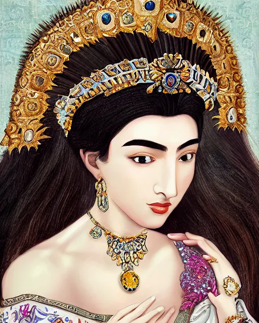 Prompt: portrait of a beautiful greek woman +diadem with facemask and feather crest+ long hairs and complex hairdressing+antique greek tunique+symmetric face, symmetric body+gold jewels, collar, earings, rubis, sapphire, topaz,citrite+gods of olympe+ in the style of saint seiya + by Joongwon Jeong and Kei Mieno, artsation, unreal engine render, octane render