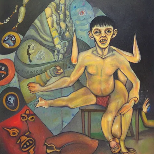 Image similar to portre of an autistic demon on acid, masonic and kabalistic symbols in background, oil painting