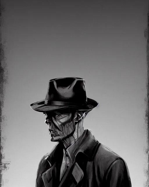 Image similar to man posing in the dark with a fedora hat and a trench coat, 1 9 5 0 s noir film style character, digital illustration, matte painting, rutkovski, beksinski, artstation, deviantart