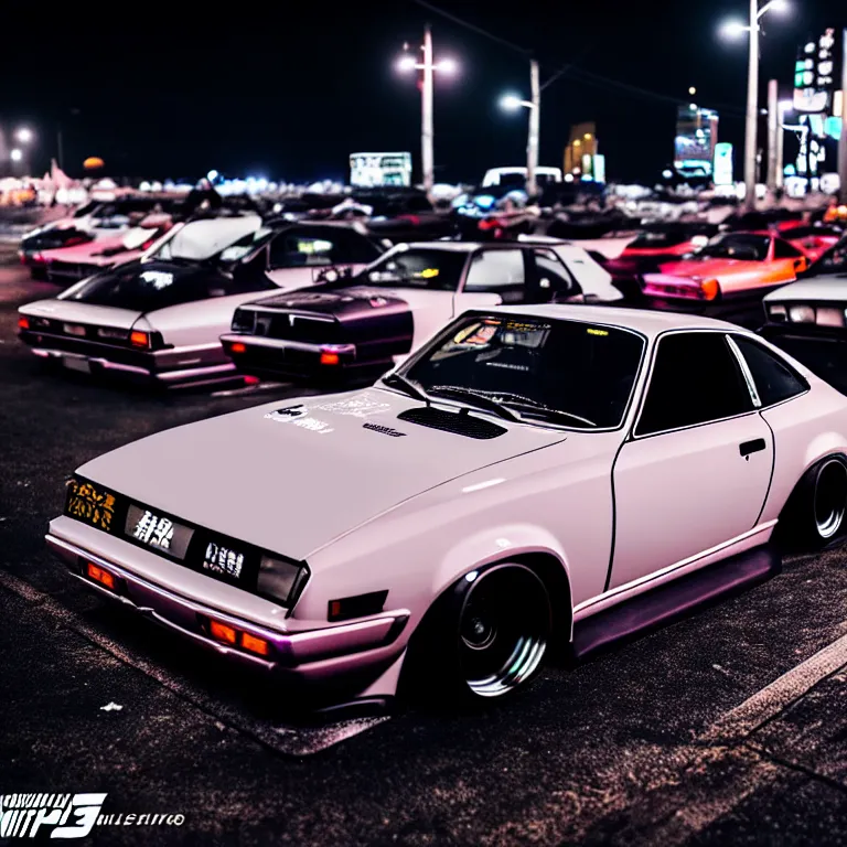 Image similar to a car S30 twin turbo drift at illegal car meet, Gunma prefecture, city midnight mist lights, cinematic lighting, photorealistic, highly detailed wheels, high detail