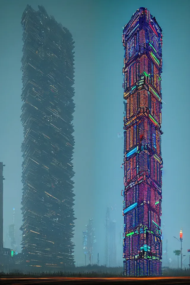 Prompt: cyberpunk tower made out of billions of stacked computer screens by simon stalenhag