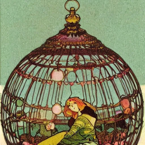 Prompt: english village postcard, spherical cage, sleeping beautycalming beautiful night time colour pallete spherical shiny sparkly metallic cage, alphons mucha